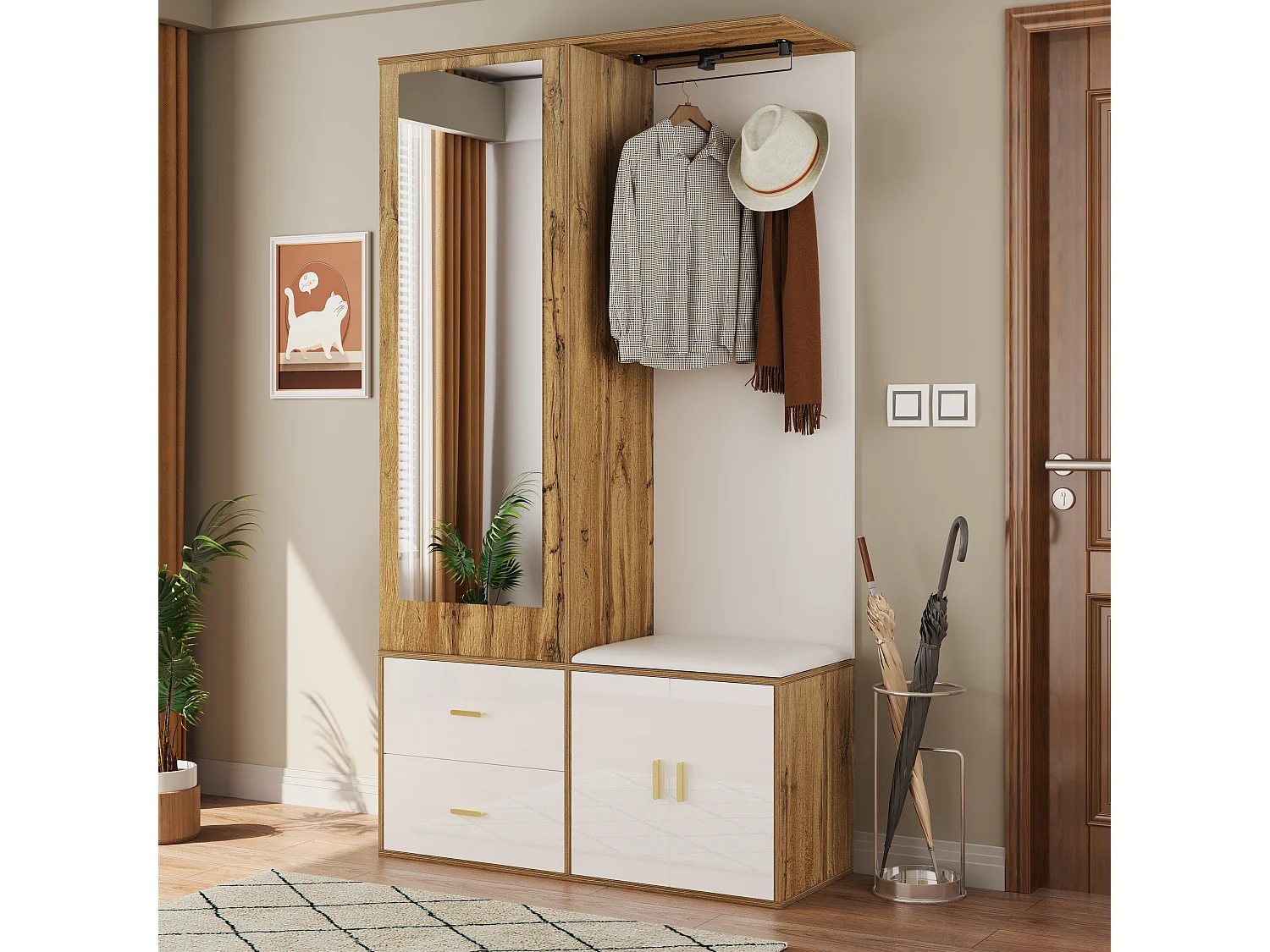 Elegante conjunto de perchero blanco y madera con espejo y zapatero.