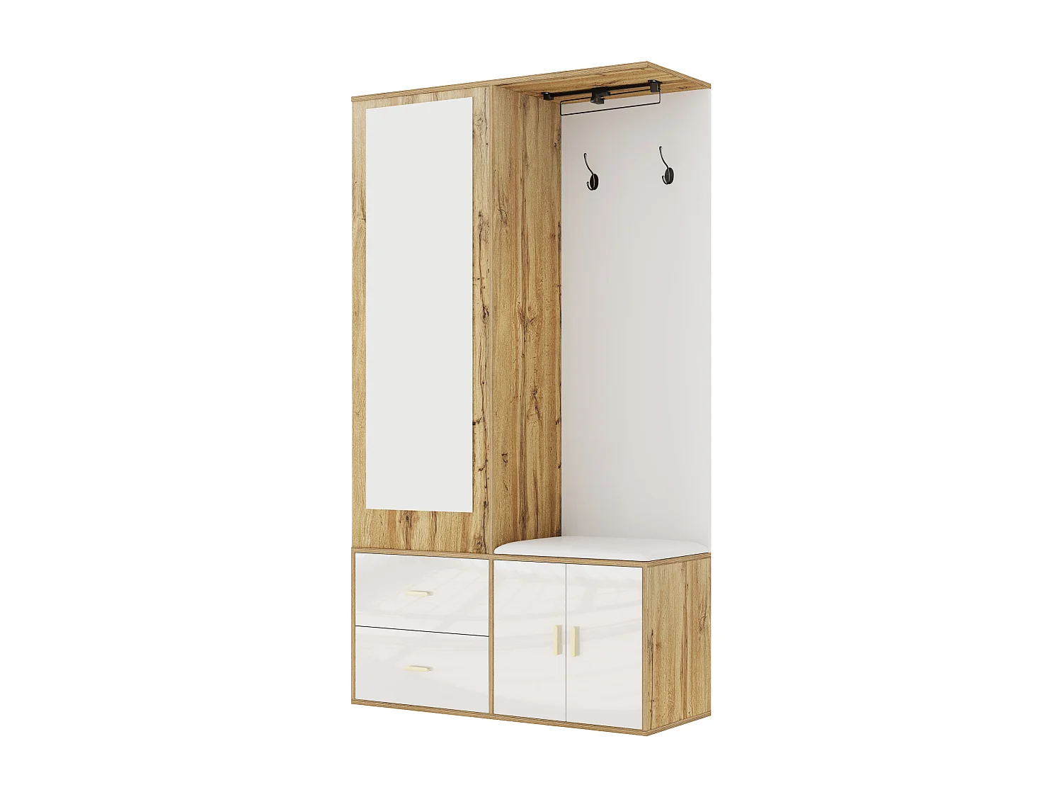 Elegante conjunto de perchero blanco y madera con espejo y zapatero.
