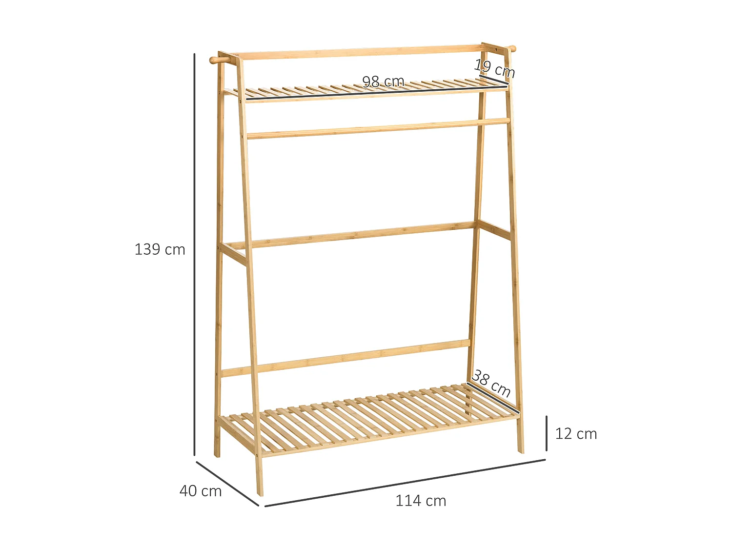 Garderobe mit 2 Ablagen, 2 Haken und 1 Bambus-Kleiderstange