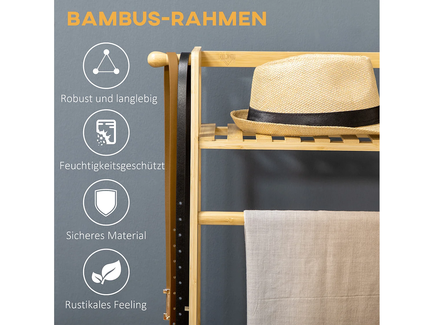 Garderobe mit 2 Ablagen, 2 Haken und 1 Bambus-Kleiderstange