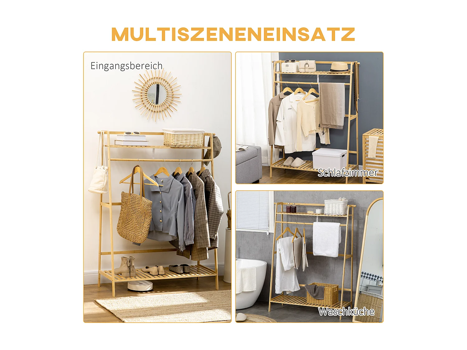 Garderobe mit 2 Ablagen, 2 Haken und 1 Bambus-Kleiderstange