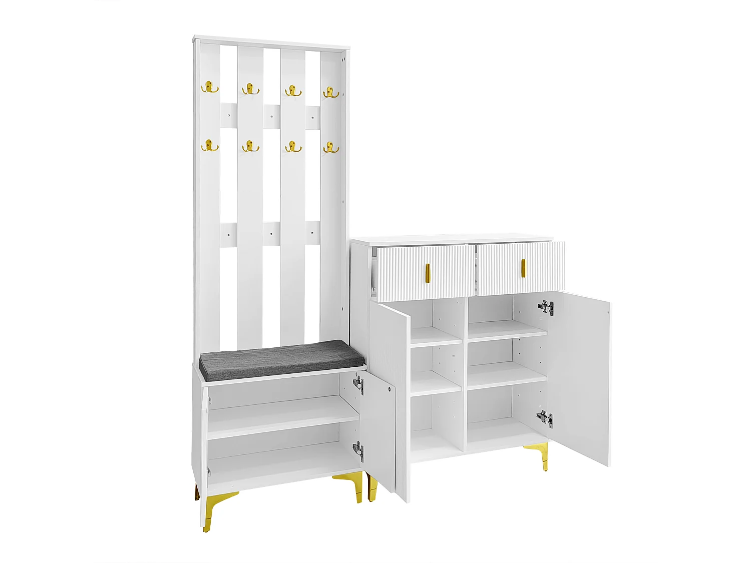 Garderobeset met schoenenbank en kussen, kapstokfront met haken