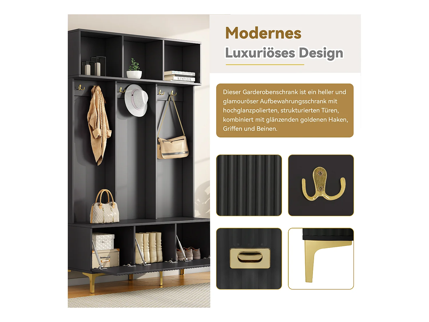 Garderobenset mit Bank, multifunktionale Aufbewahrungsbank, offene Aufbewahrung