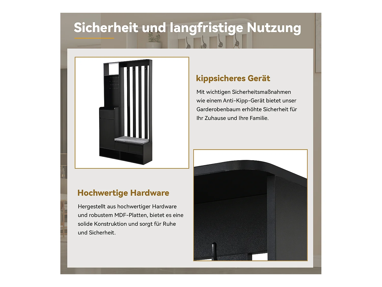 Portemanteau d'entrée avec banc de rangement rembourré,meuble à chaussures