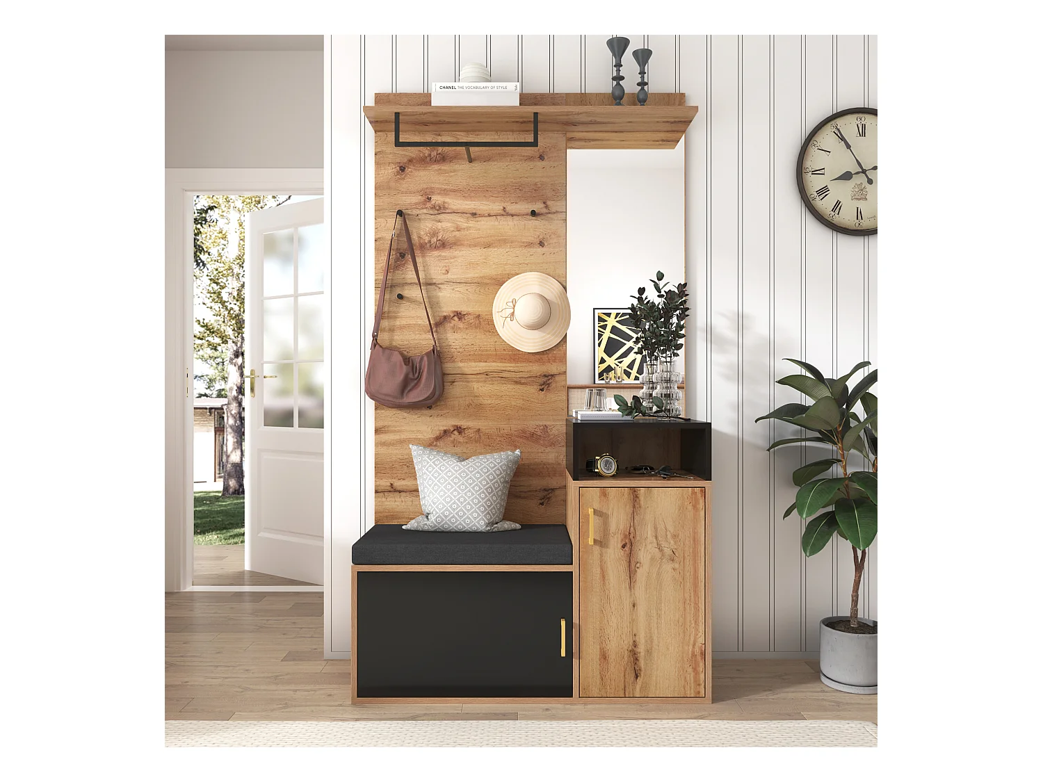 Garderobenset mit 4 Haken, Spiegel, Schuhregal, Wandgarderobe