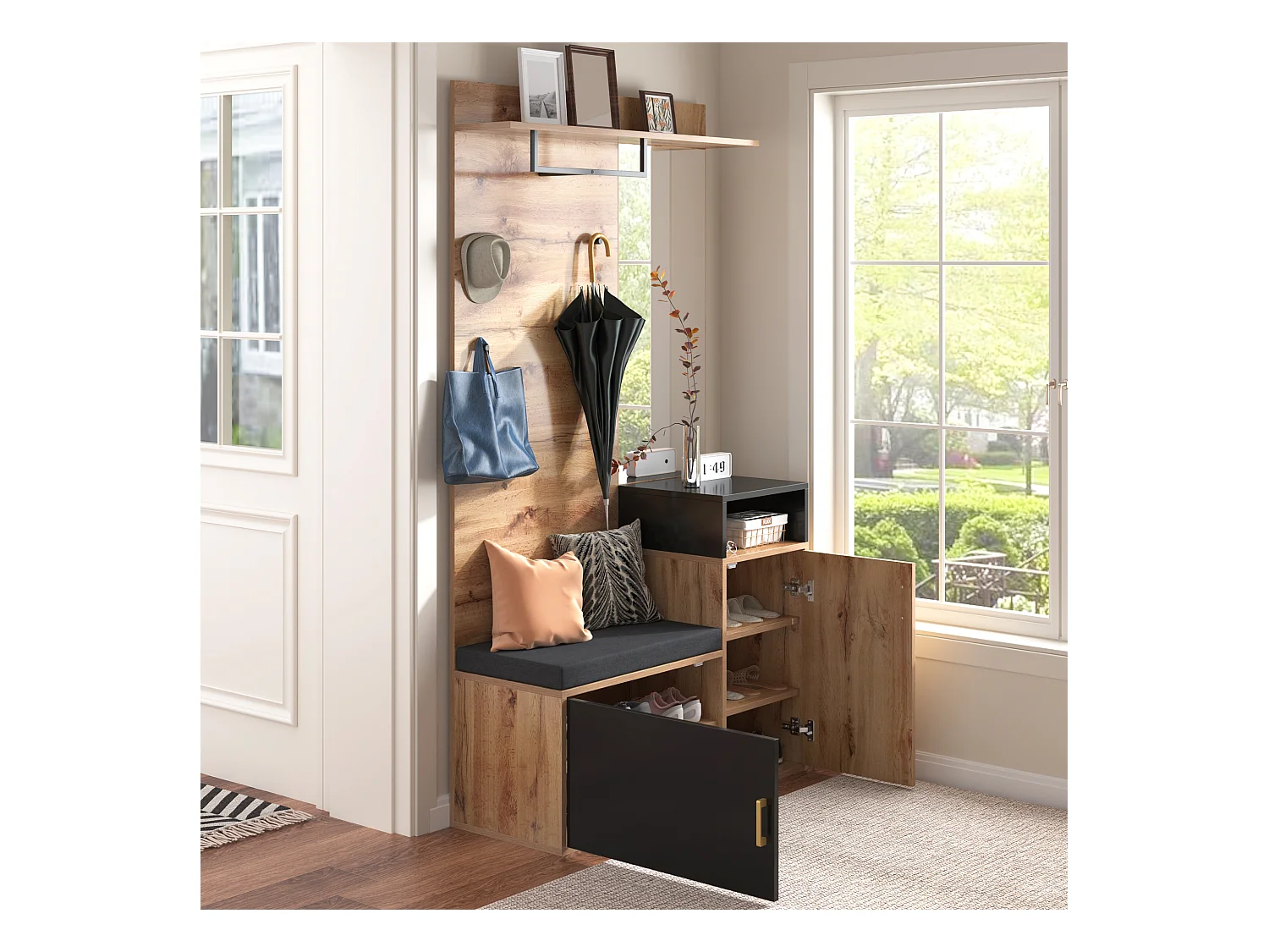 Garderobenset mit 4 Haken, Spiegel, Schuhregal, Wandgarderobe