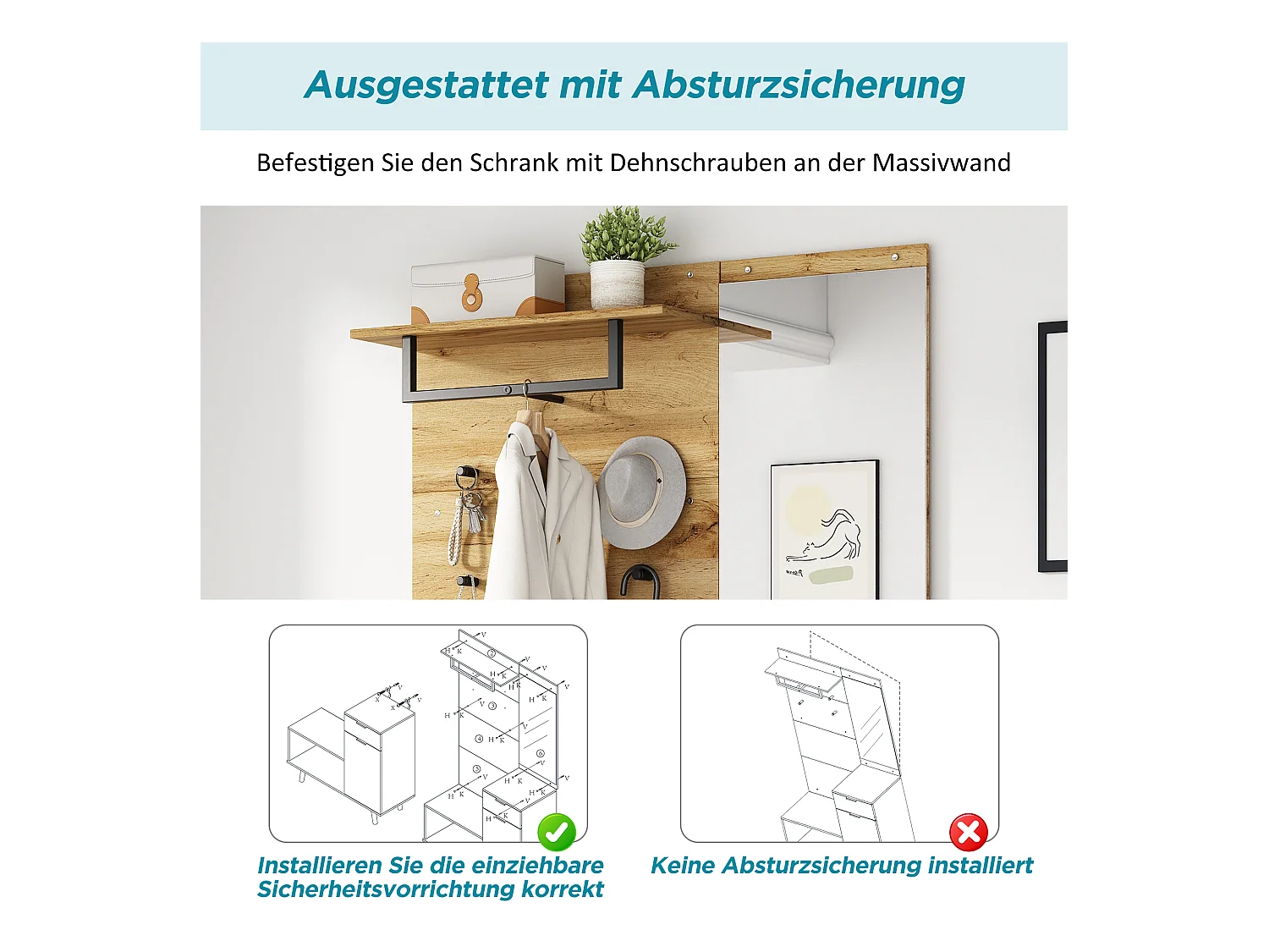 Multifunktionales 190 cm hohes Holzgarderobenset mit Spiegel