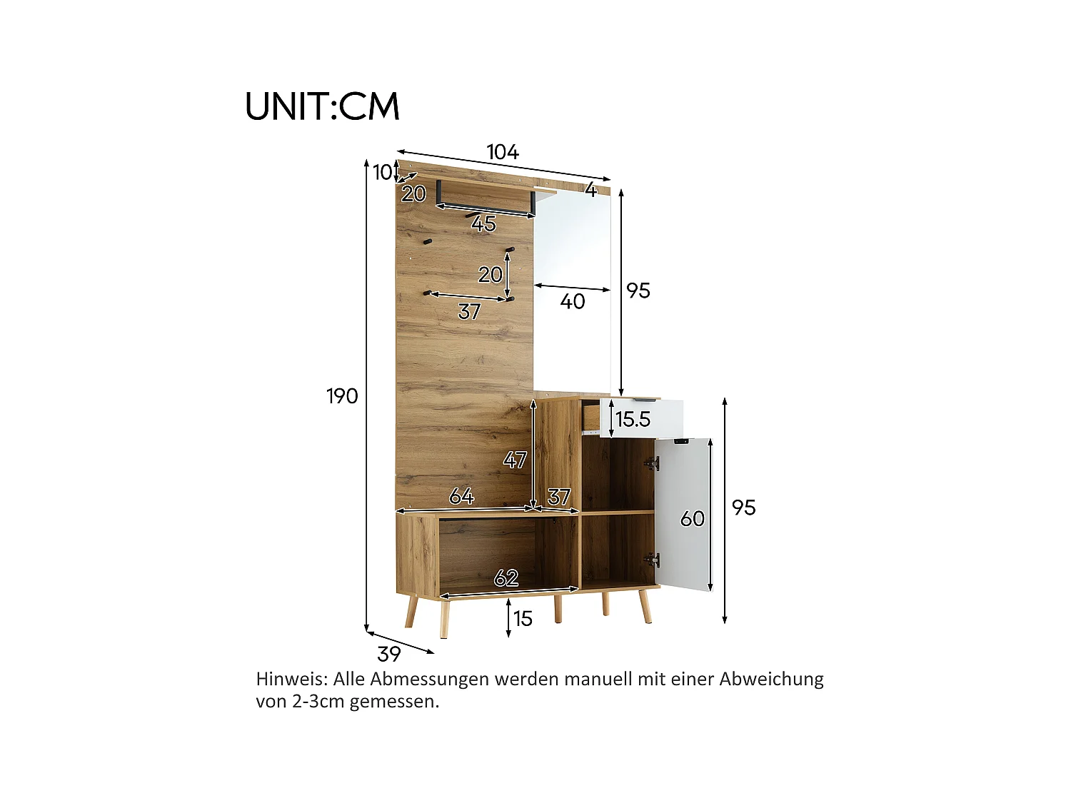 Multifunktionales 190 cm hohes Holzgarderobenset mit Spiegel