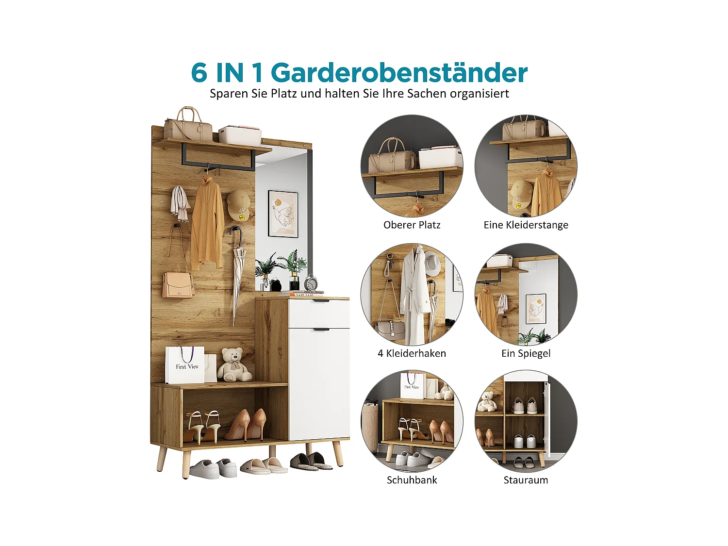 Multifunktionales 190 cm hohes Holzgarderobenset mit Spiegel