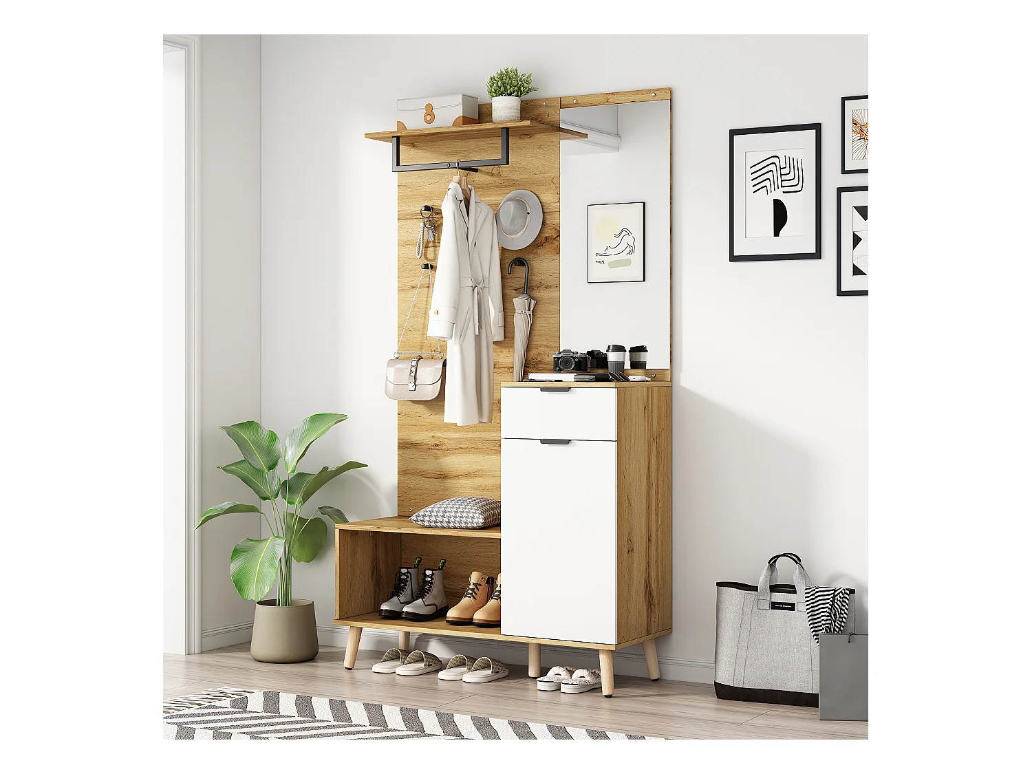 Multifunktionales 190 cm hohes Holzgarderobenset mit Spiegel