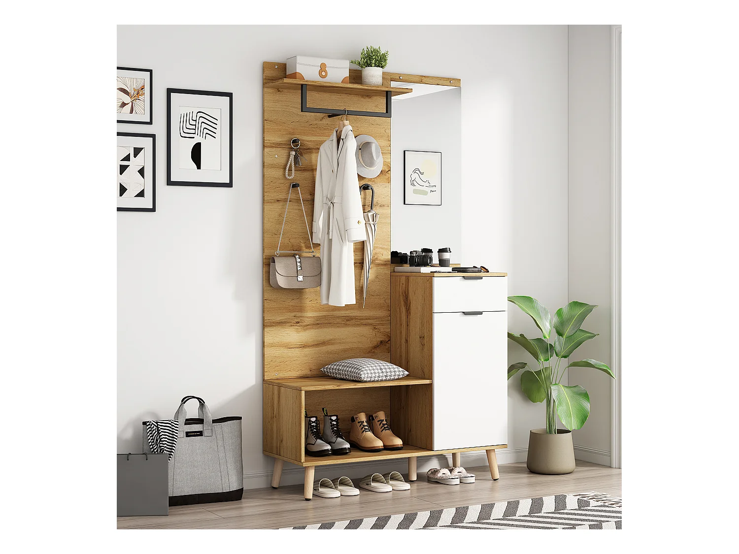 Multifunktionales 190 cm hohes Holzgarderobenset mit Spiegel