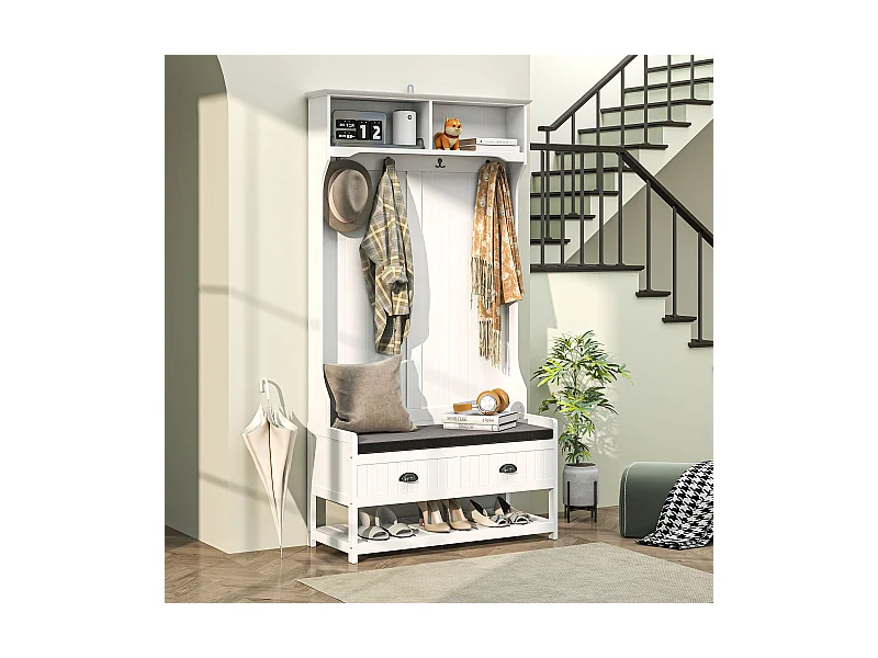 Weiß-graue 2-in-1-Garderobe mit Bank, Einlegeböden und Kippschutz