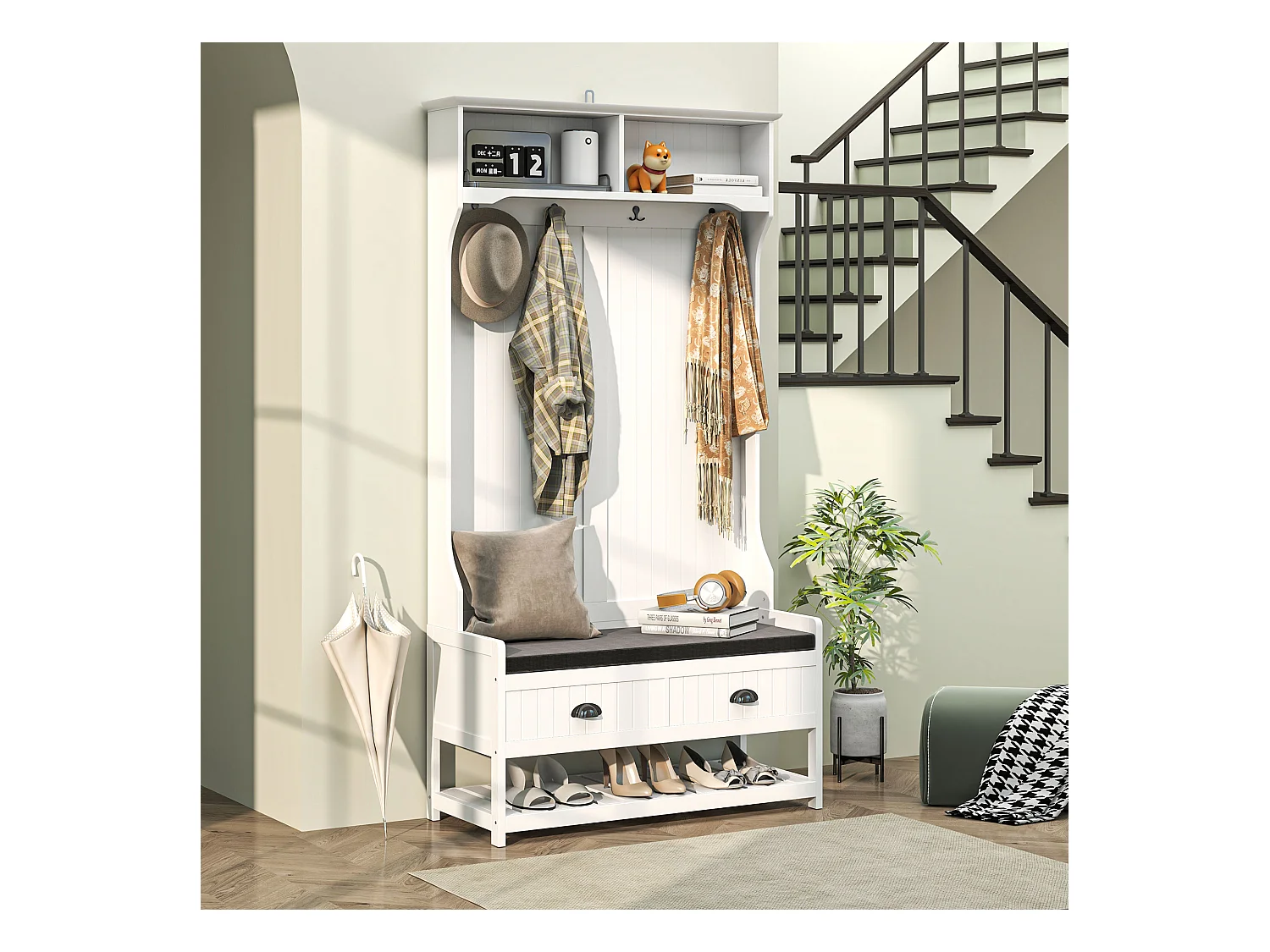 Weiß-graue 2-in-1-Garderobe mit Bank, Einlegeböden und Kippschutz