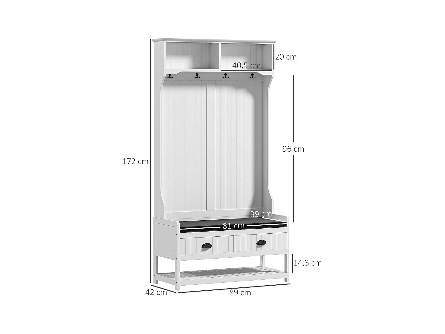 Weiß-graue 2-in-1-Garderobe mit Bank, Einlegeböden und Kippschutz