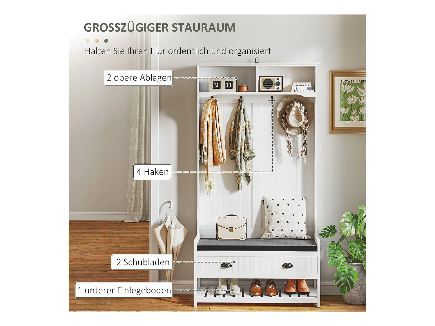 Weiß-graue 2-in-1-Garderobe mit Bank, Einlegeböden und Kippschutz