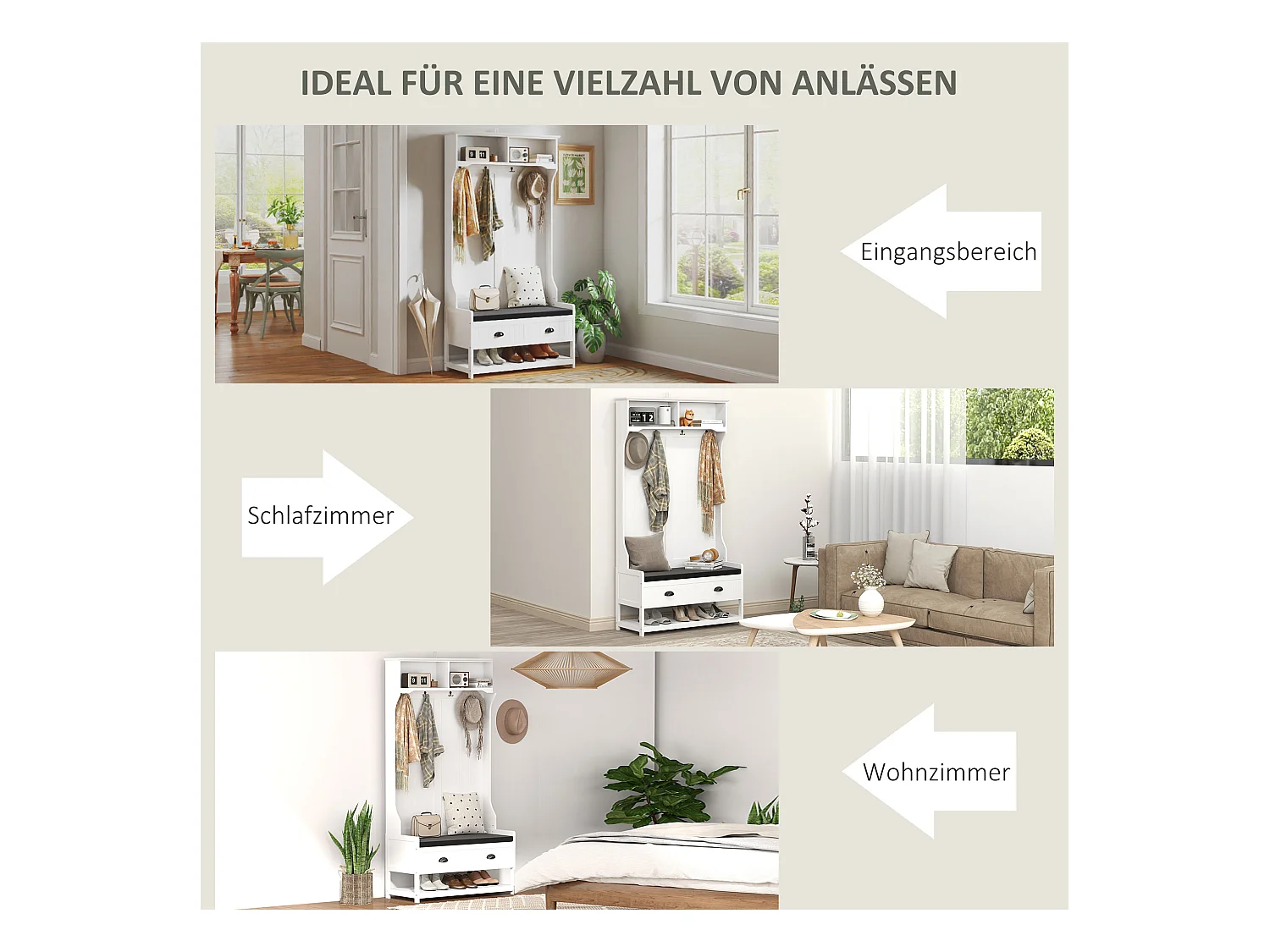 Weiß-graue 2-in-1-Garderobe mit Bank, Einlegeböden und Kippschutz