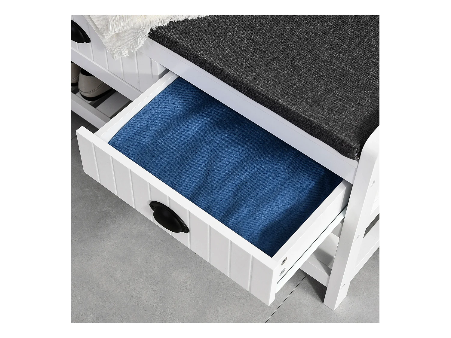 Weiß-graue 2-in-1-Garderobe mit Bank, Einlegeböden und Kippschutz