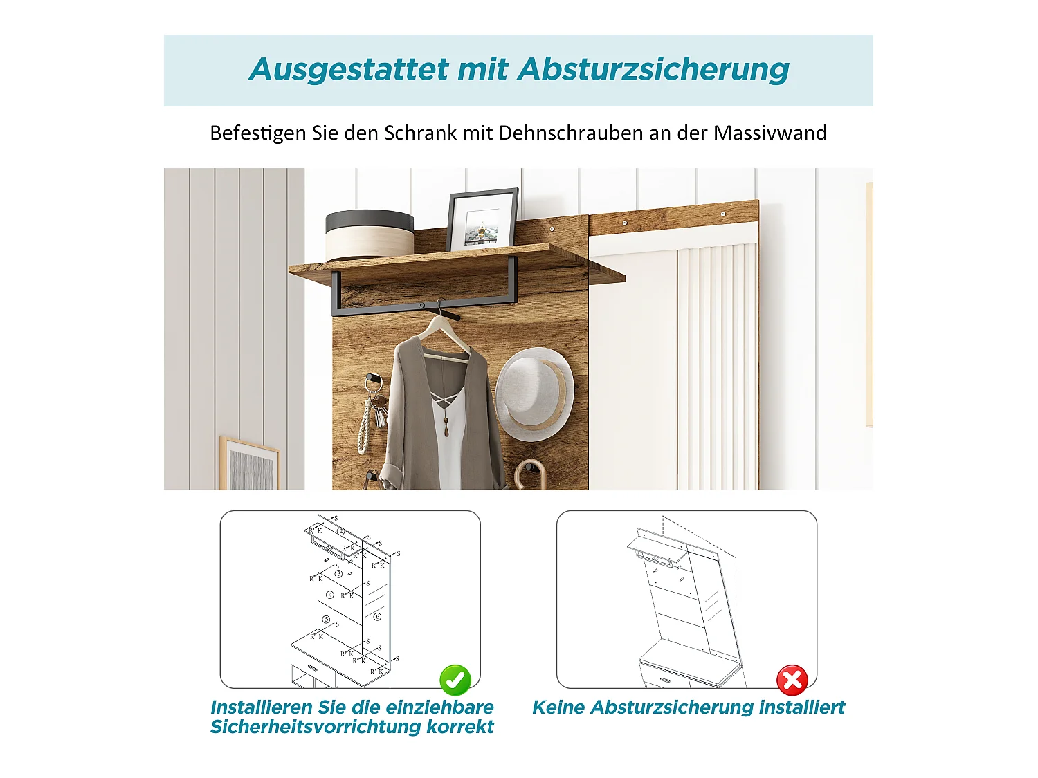 190 cm hohes Garderobenset in Holzoptik mit Spiegel, Schuhbank