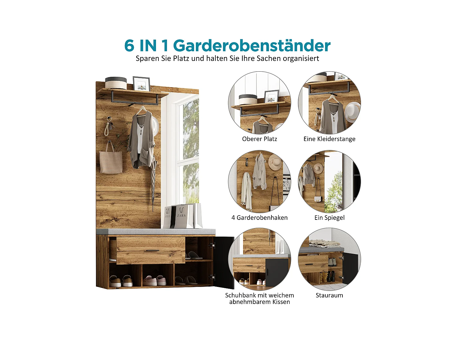 190 cm hohes Garderobenset in Holzoptik mit Spiegel, Schuhbank