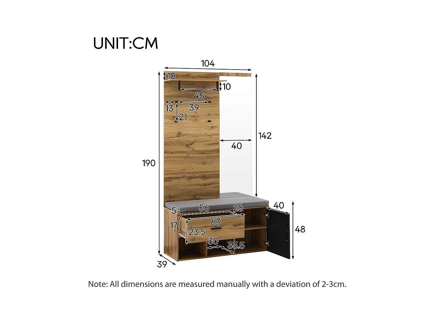 190 cm hohes Garderobenset in Holzoptik mit Spiegel, Schuhbank