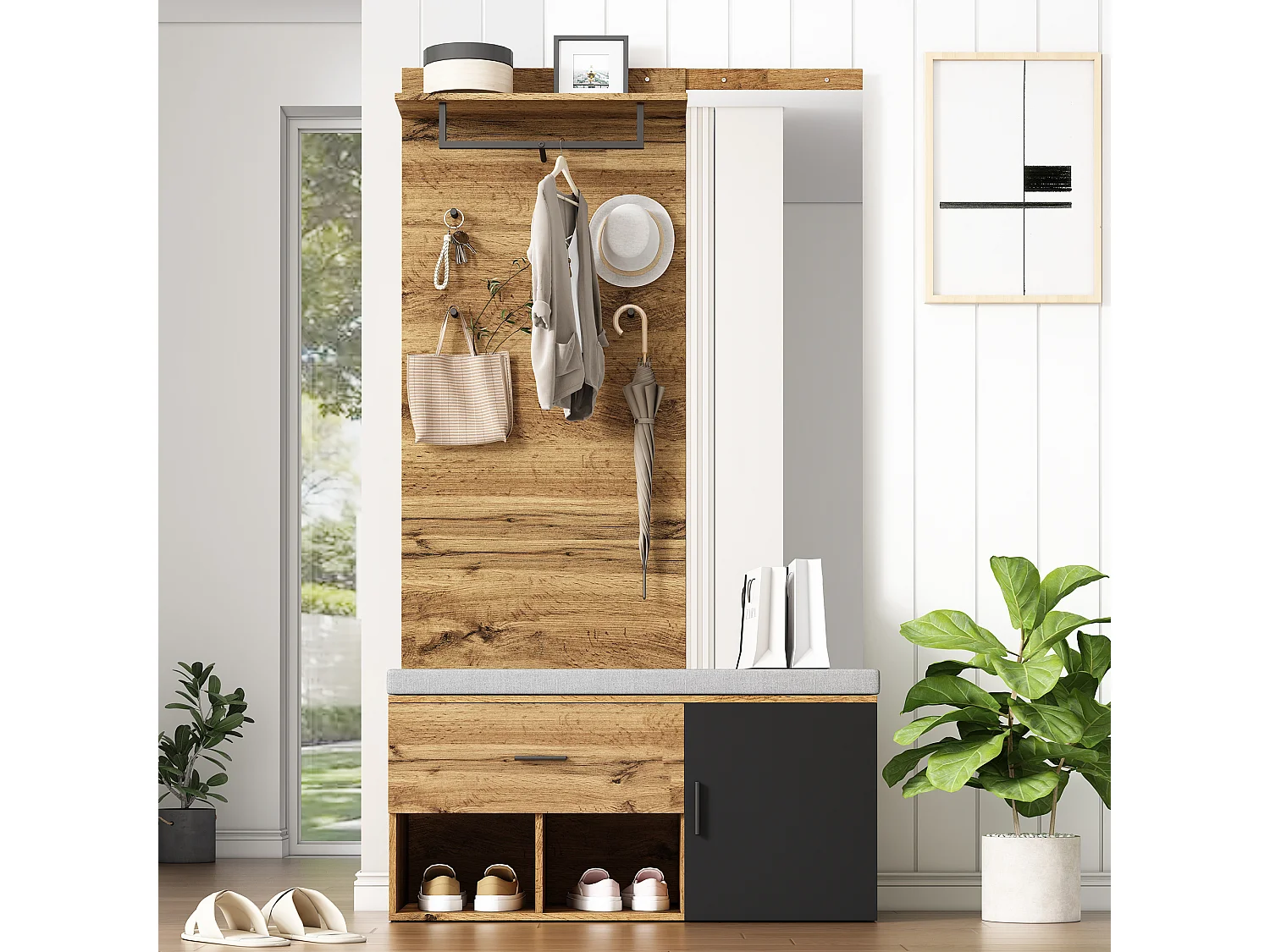 Ensemble portemanteau imitation bois de 190 cm de haut avec miroir,banc à chaussures