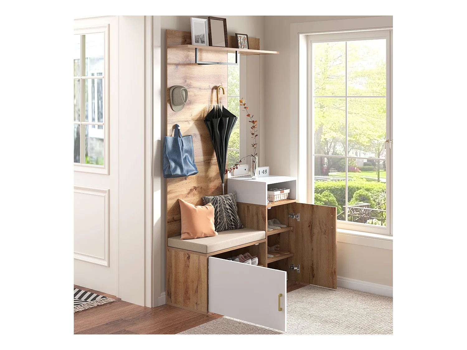 Elegantes Garderobenset in Weiß und Holz mit Spiegel, Schuhschrank