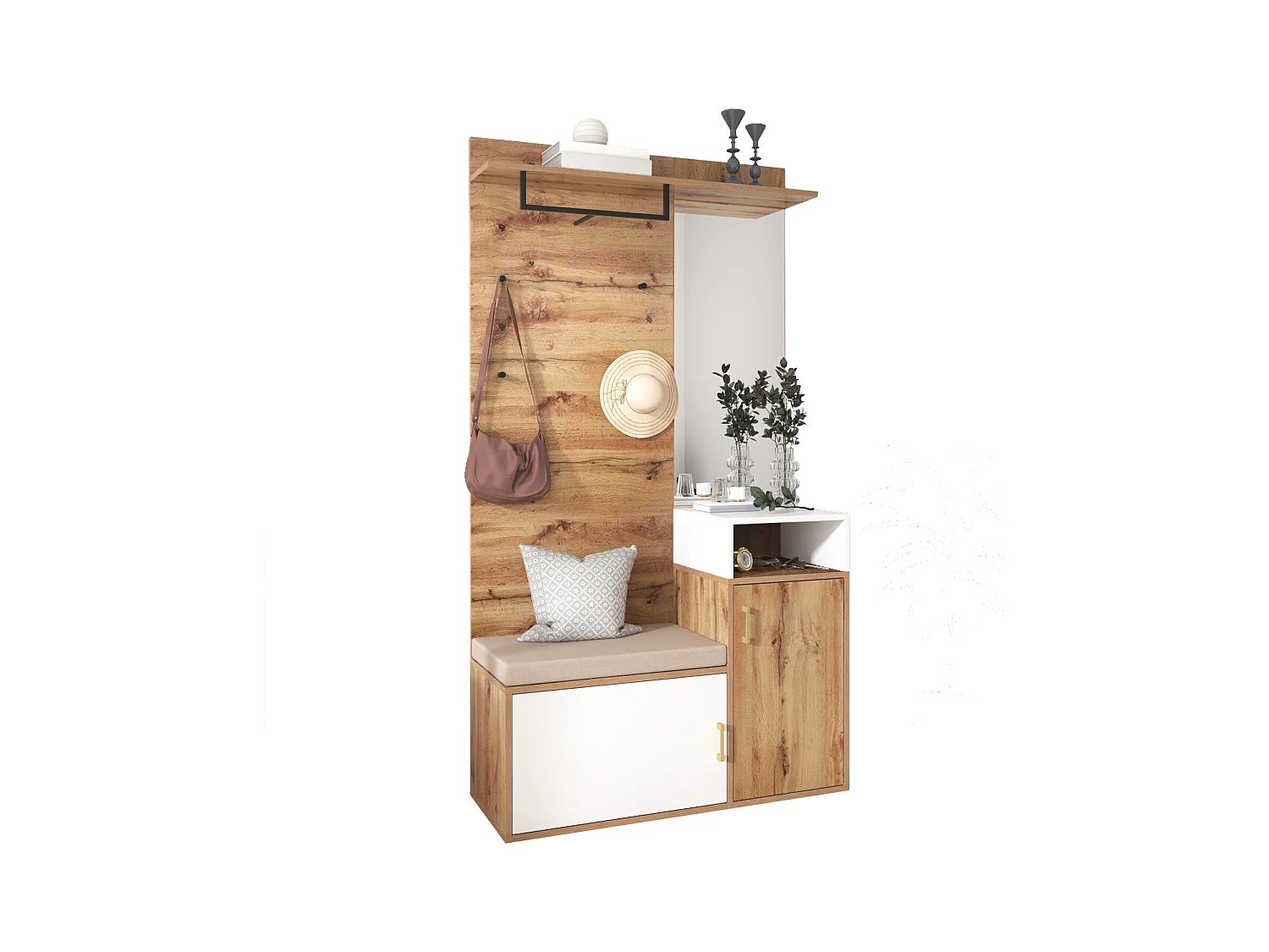 Elegantes Garderobenset in Weiß und Holz mit Spiegel, Schuhschrank