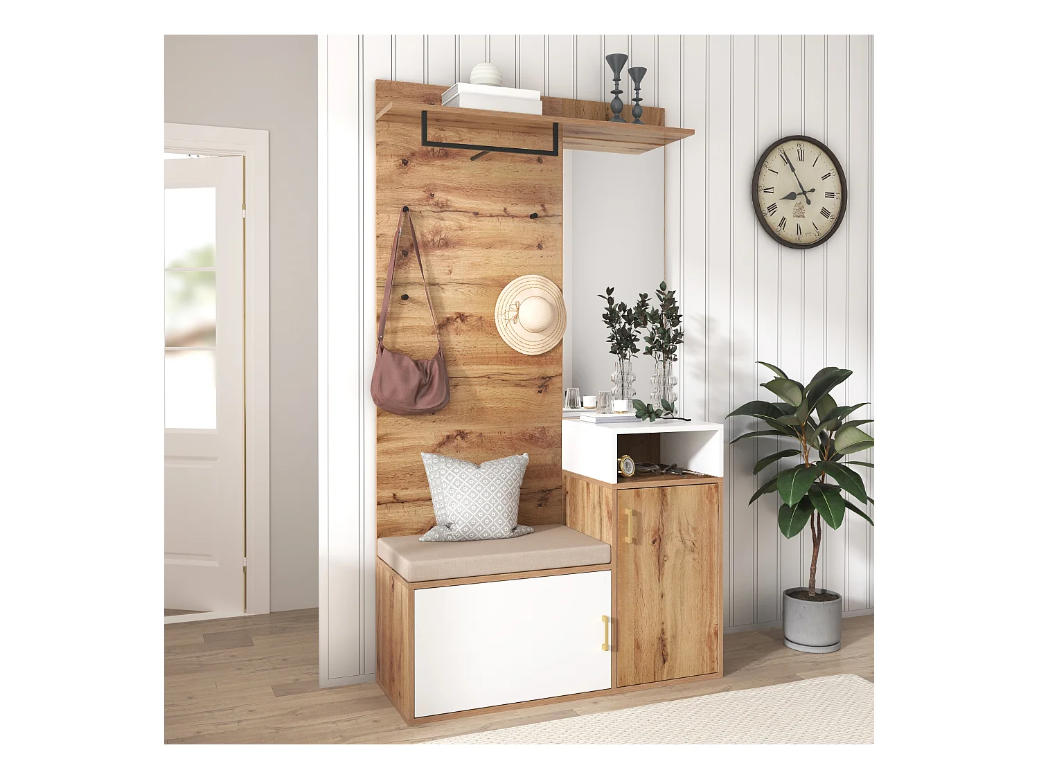 Elegantes Garderobenset in Weiß und Holz mit Spiegel, Schuhschrank