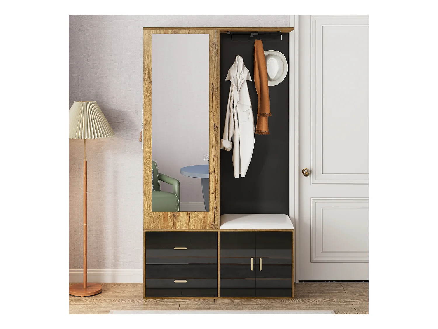 Ensemble portemanteau élégant en noir et bois avec miroir,meuble à chaussures