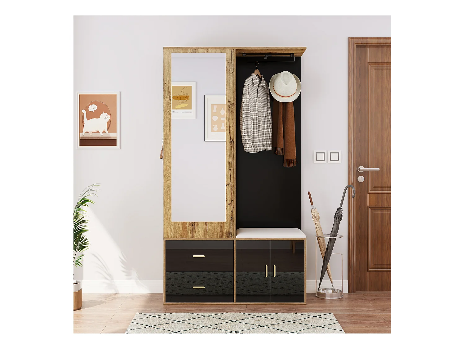 Ensemble portemanteau élégant en noir et bois avec miroir,meuble à chaussures