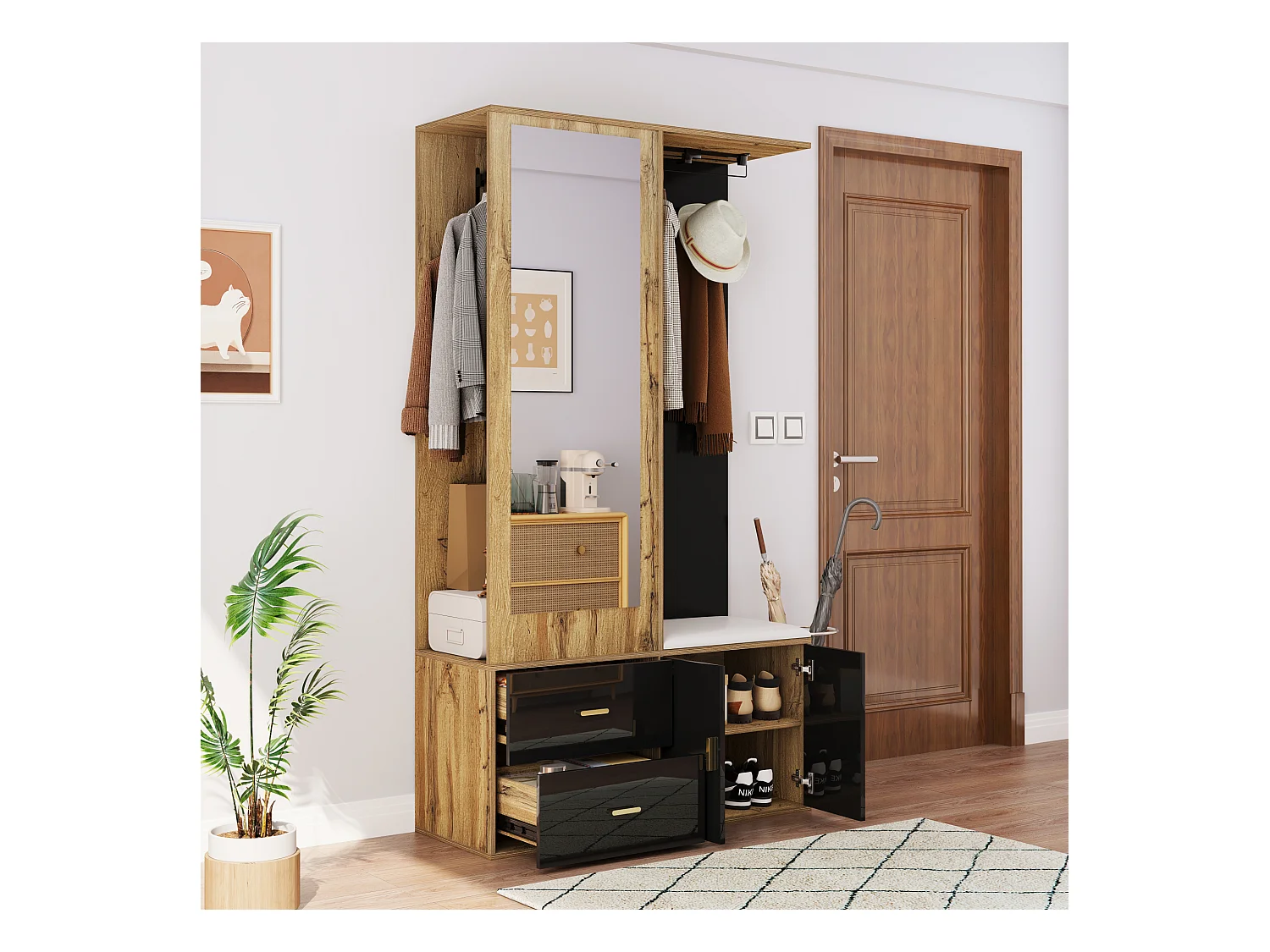 Ensemble portemanteau élégant en noir et bois avec miroir,meuble à chaussures