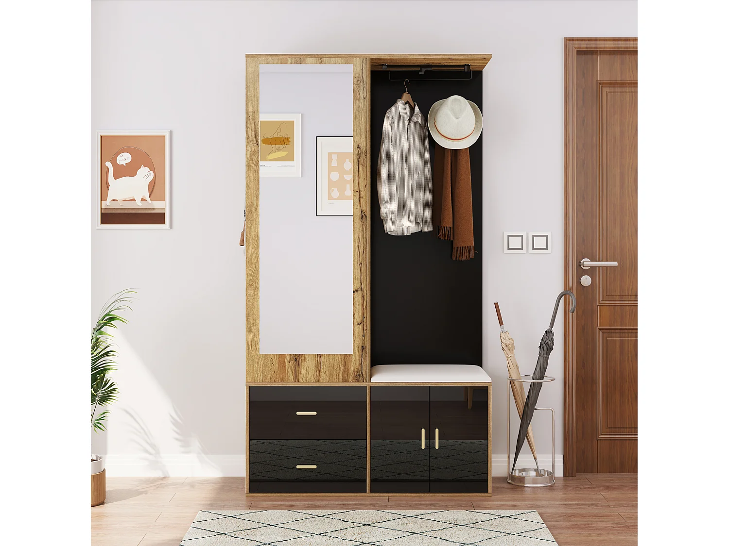 Elegante set appendiabiti nero e legno con specchio e scarpiera