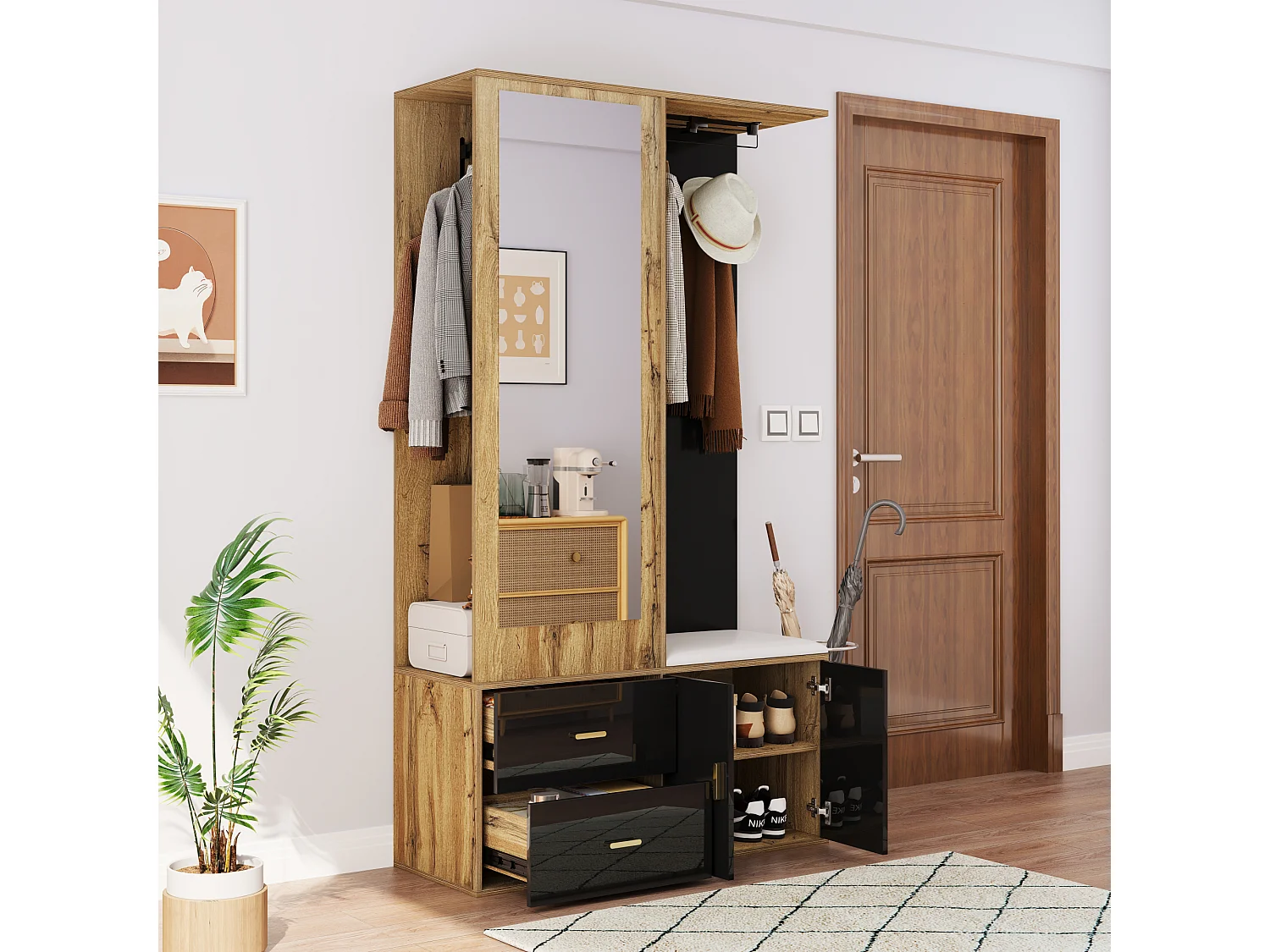 Elegante set appendiabiti nero e legno con specchio e scarpiera