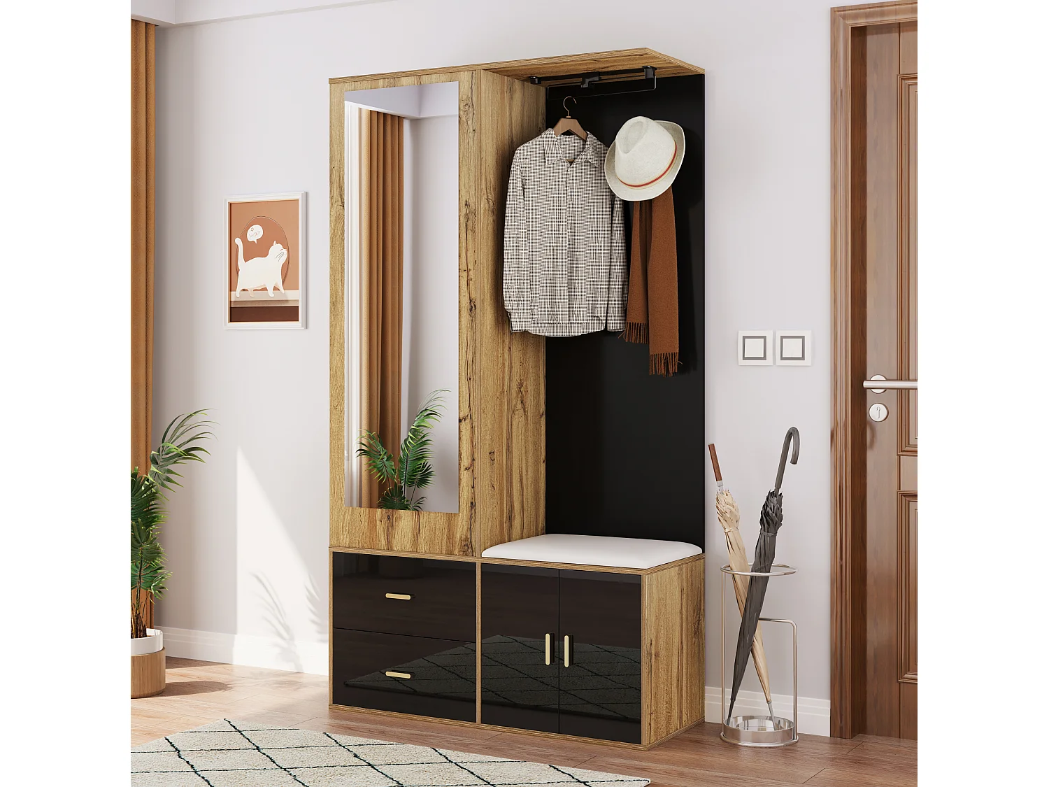 Elegante set appendiabiti nero e legno con specchio e scarpiera