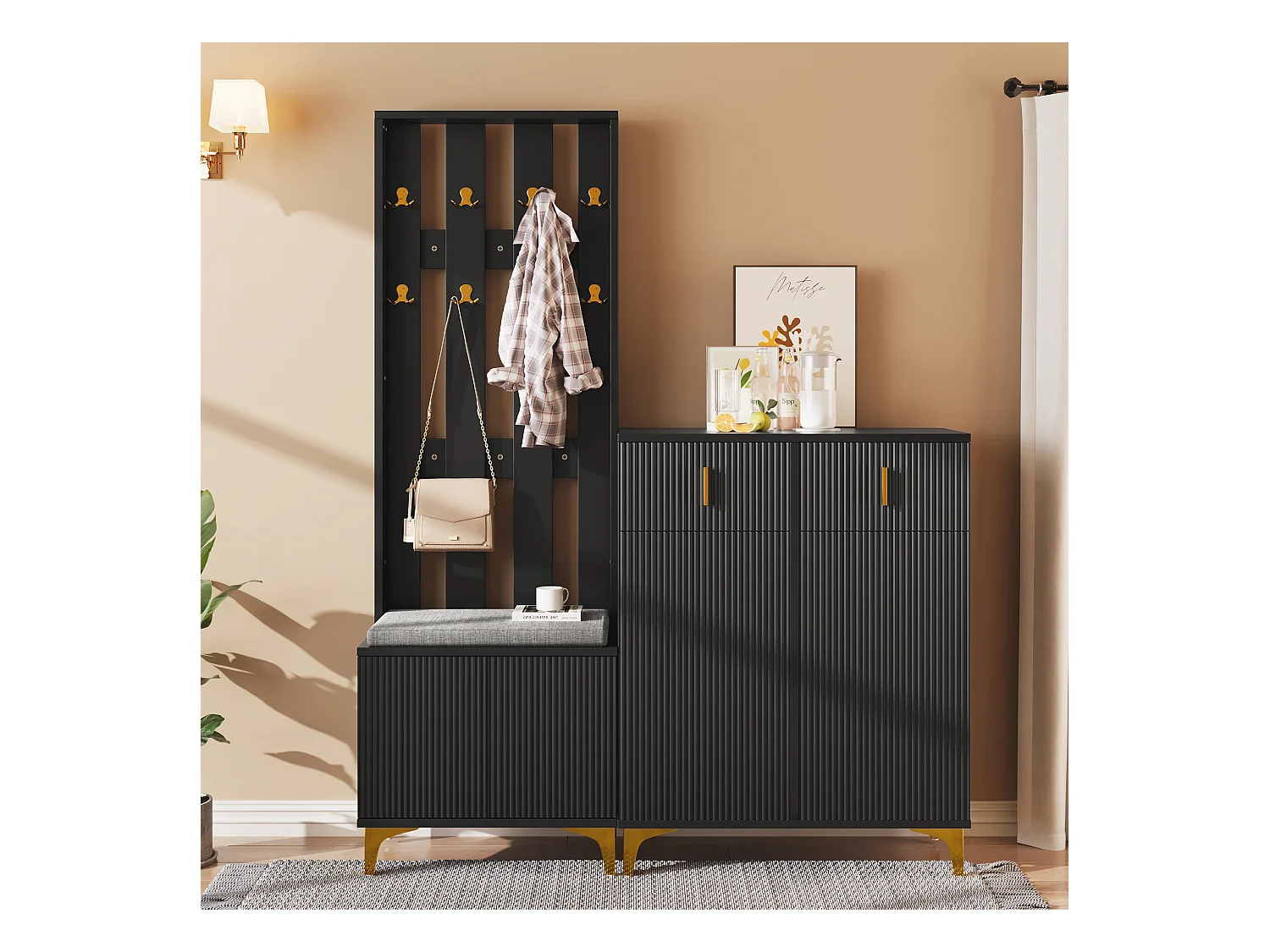 Garderobeset met schoenenbank en kussen, kastfront met haken