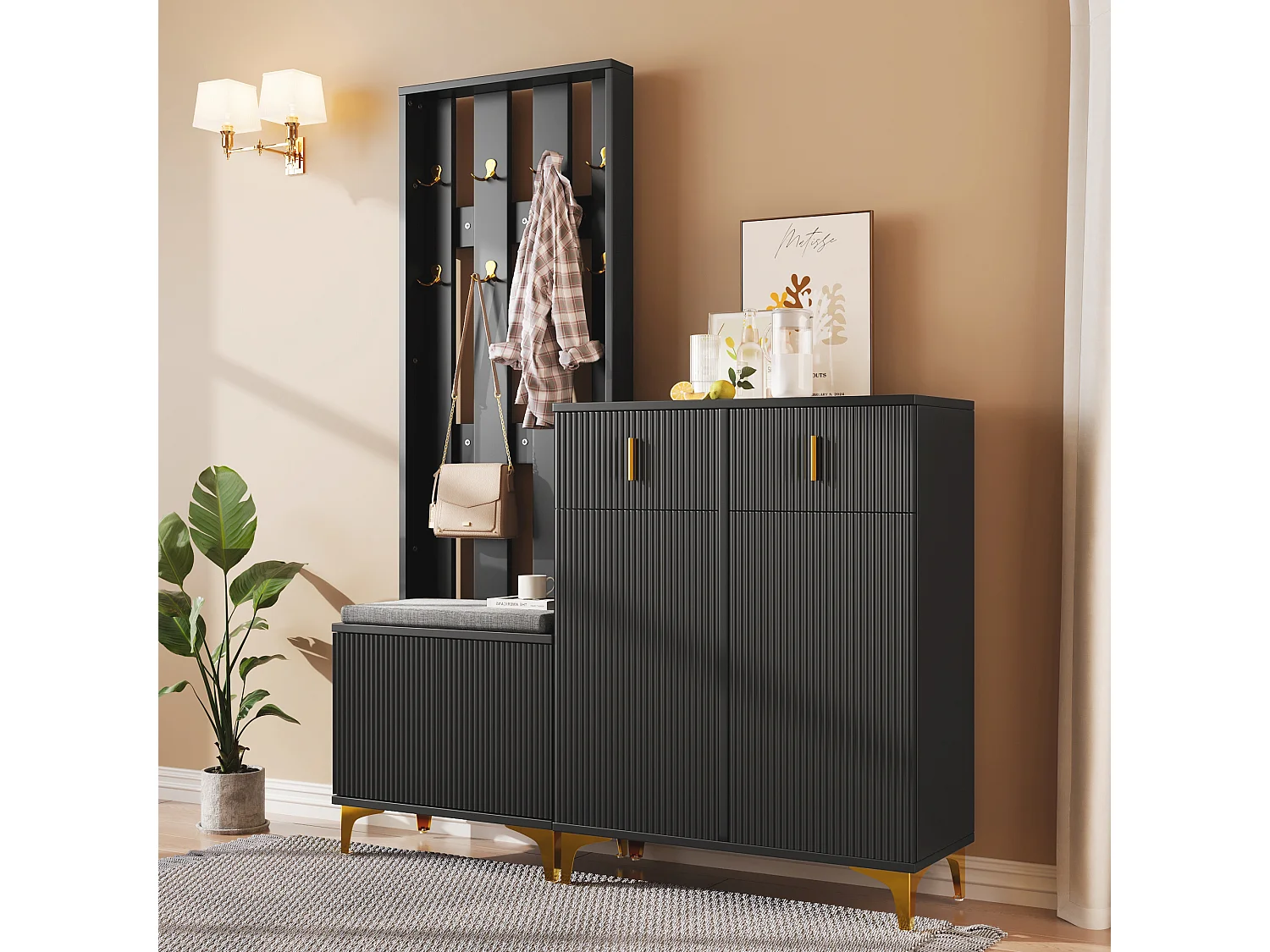 Ensemble penderie avec banc à chaussures et Coussin,façade d'armoire avec crochets