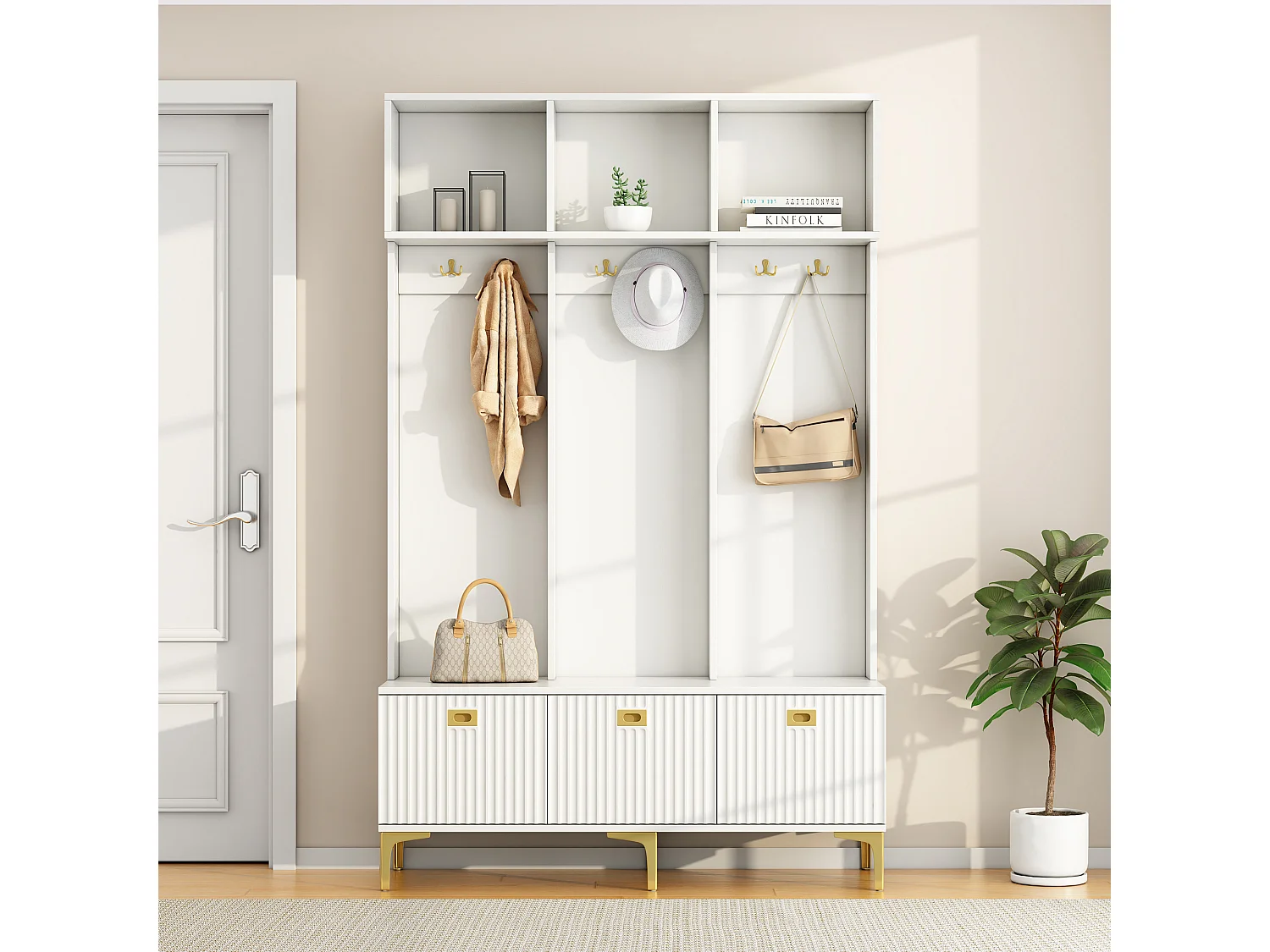 Set appendiabiti con panca, panca contenitore multifunzione, vano portaoggetti aperto