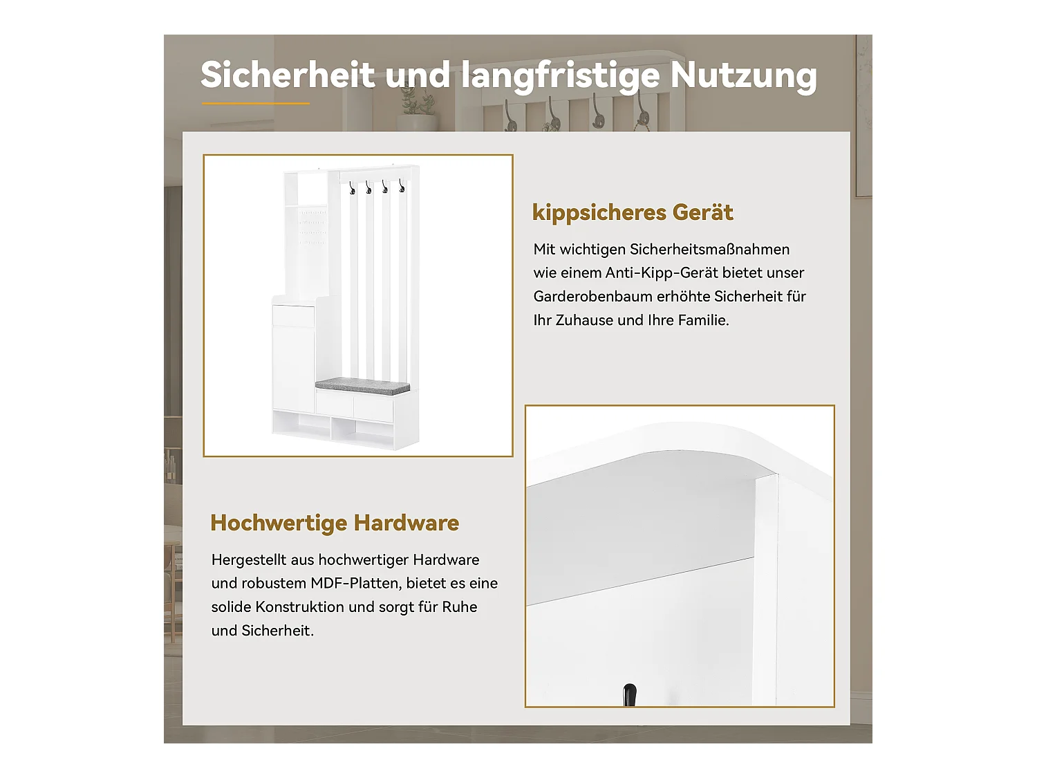 Flurgarderobe mit gepolsterter Aufbewahrungsbank, multifunktionaler Schuhständer