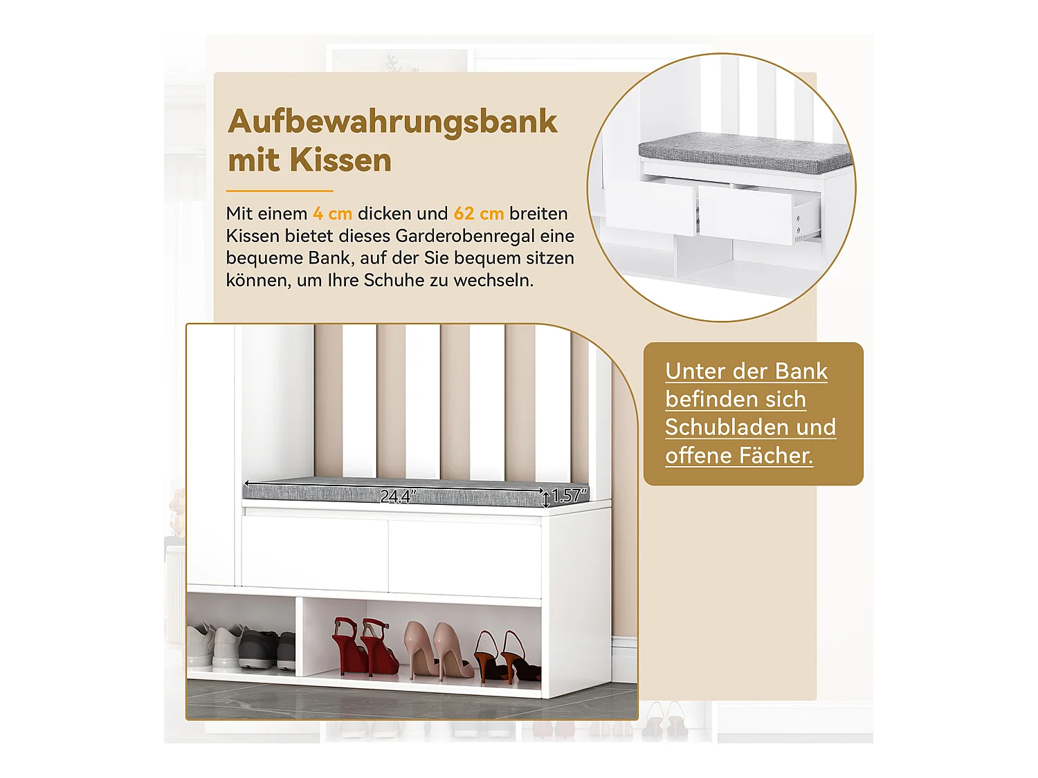 Flurgarderobe mit gepolsterter Aufbewahrungsbank, multifunktionaler Schuhständer