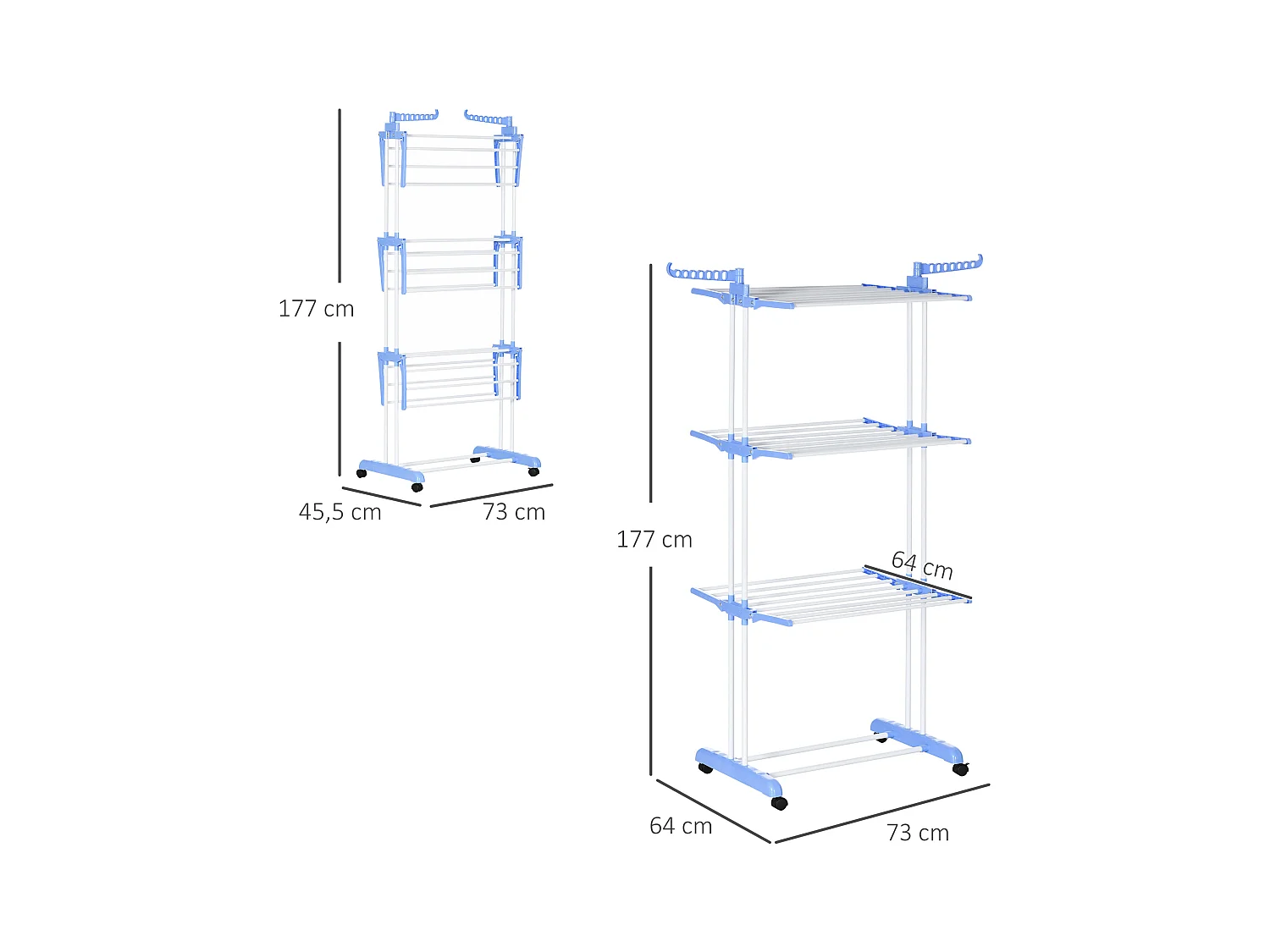 Séchoir à linge en colonne bleu acier, 4 niveaux, extensible avec roulettes