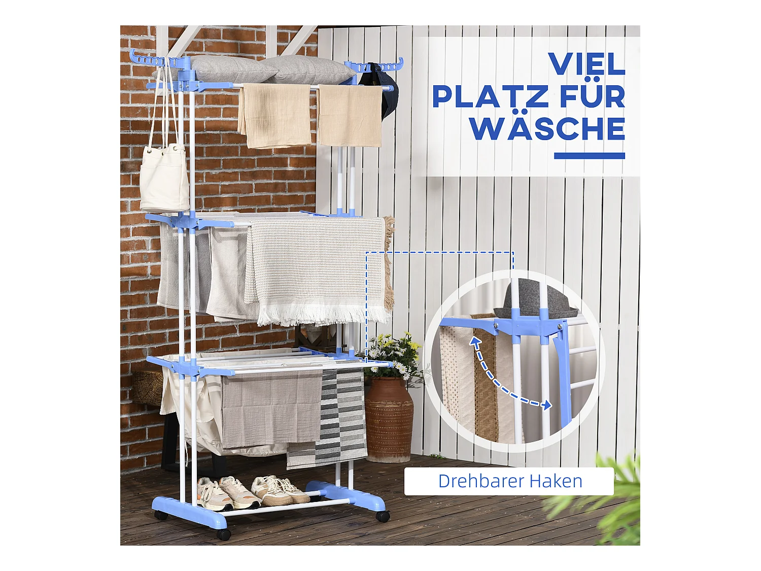 Séchoir à linge en colonne bleu acier, 4 niveaux, extensible avec roulettes