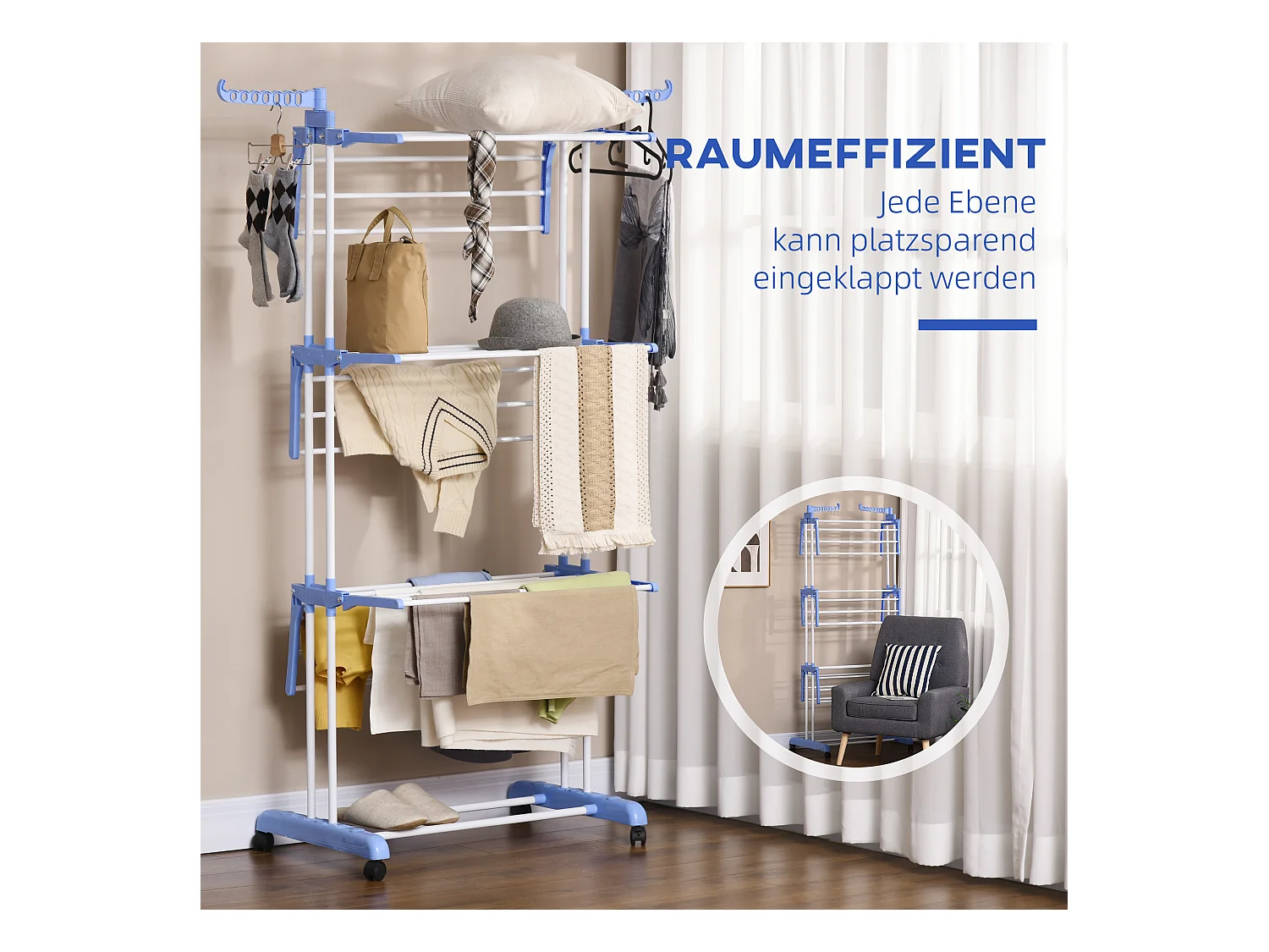 Séchoir à linge en colonne bleu acier, 4 niveaux, extensible avec roulettes