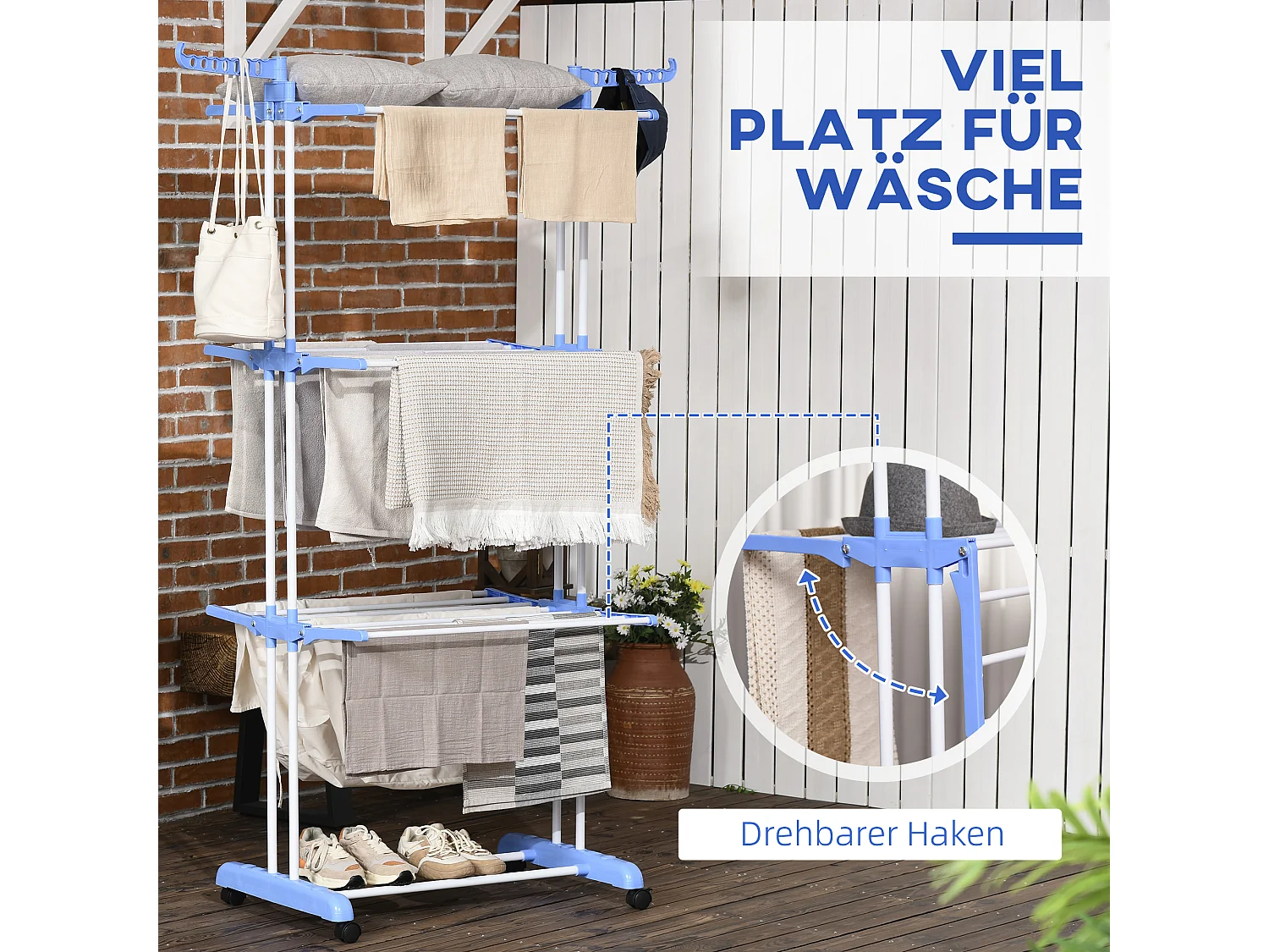 Séchoir à linge en colonne bleu acier, 4 niveaux, extensible avec roulettes