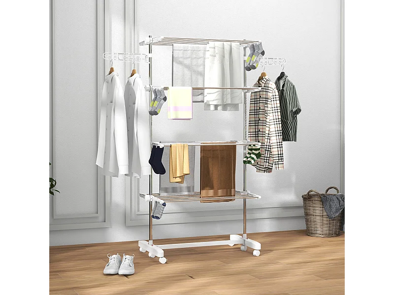 Séchoir à linge mobile,142 x 55 x 172 cm,pliable (4 niveaux),avec roulettes