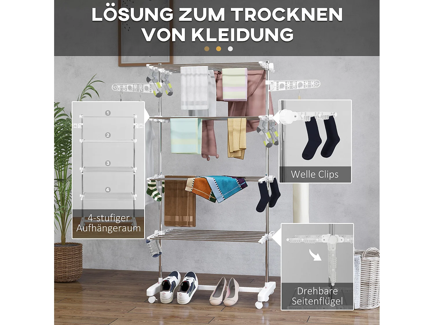 Máquina de secar roupa móvel, 142 x 55 x 172 cm, dobrável (4 níveis), com rodízios