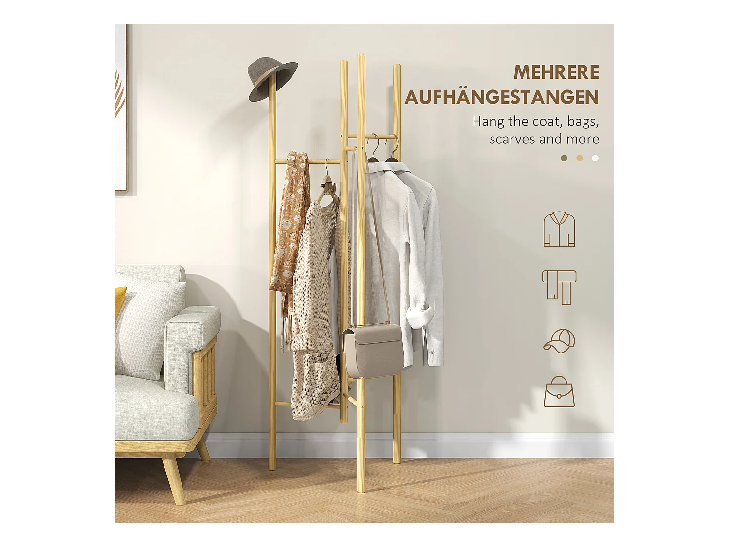 Garderobe mit 6 Kleiderstangen, Massivholz, nordischer Stil, für Kleidung
