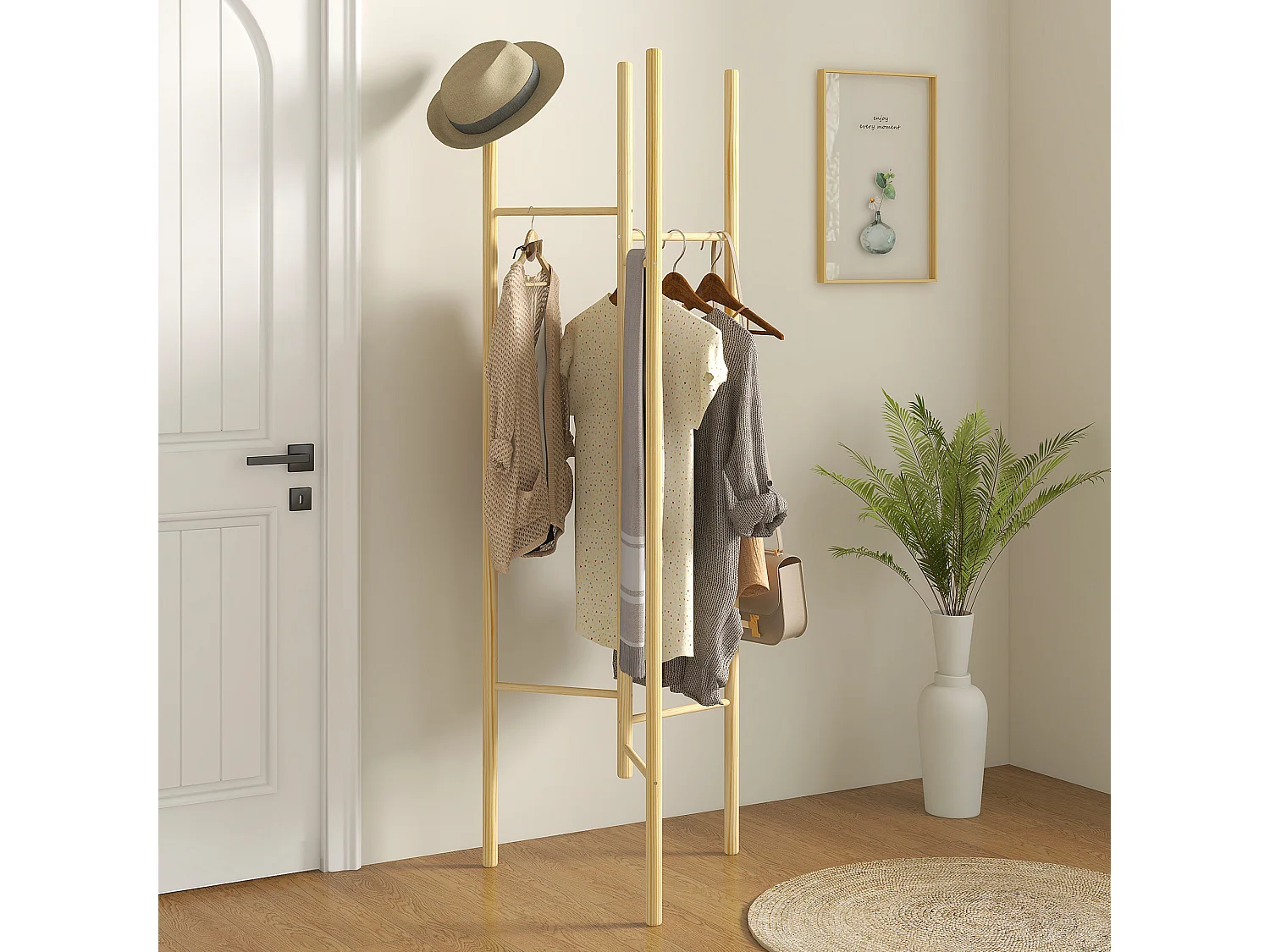 Portemanteau avec 6 barres de suspension,en bois massif,style nordique,pour vêtements