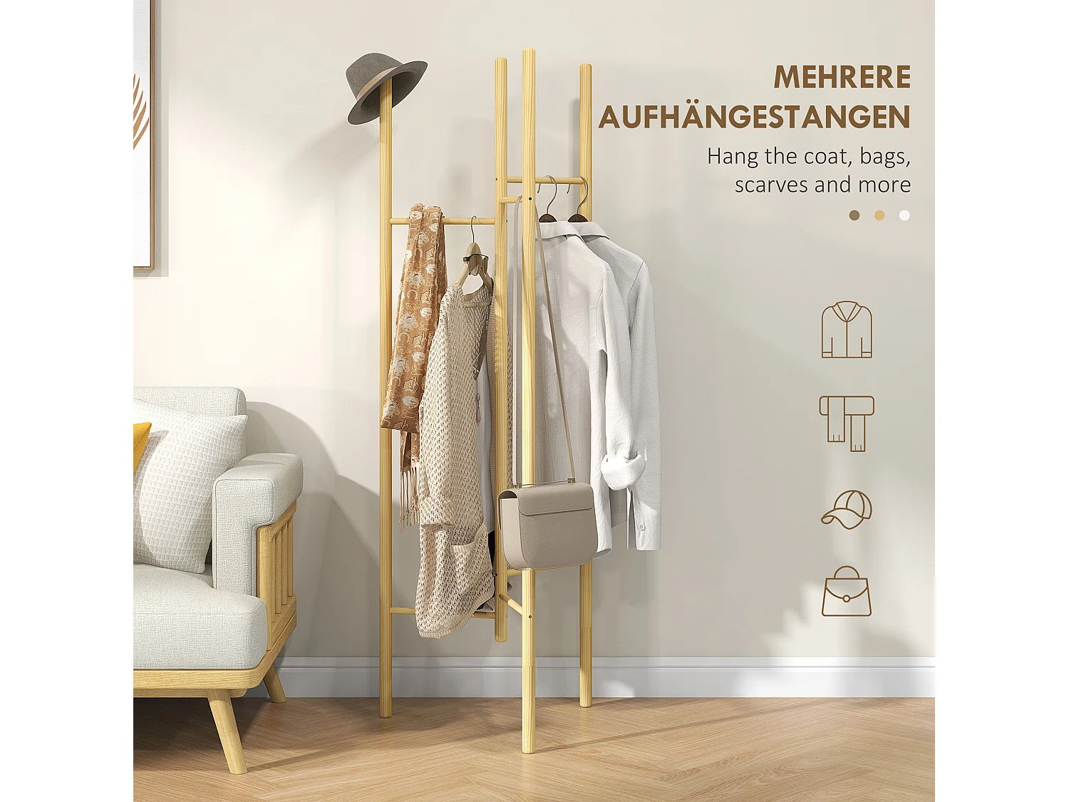 Portemanteau avec 6 barres de suspension,en bois massif,style nordique,pour vêtements