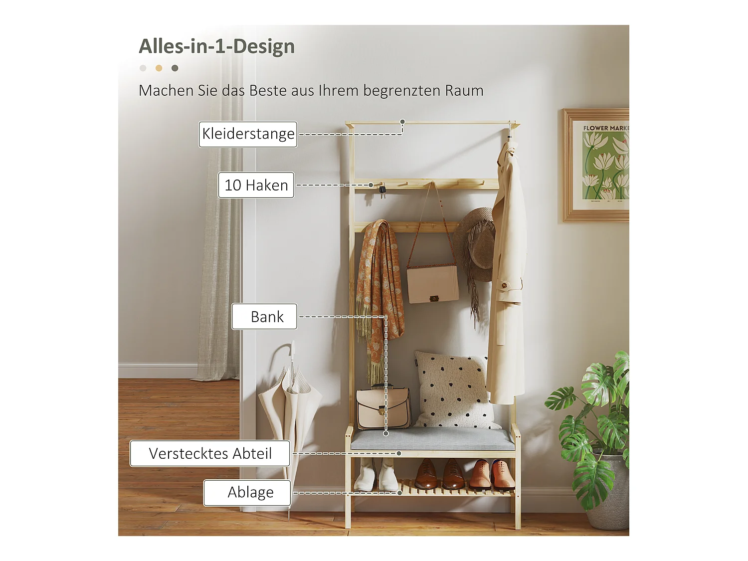 Garderobe mit Schuhbank, Garderobe mit Haken, Schuhständer