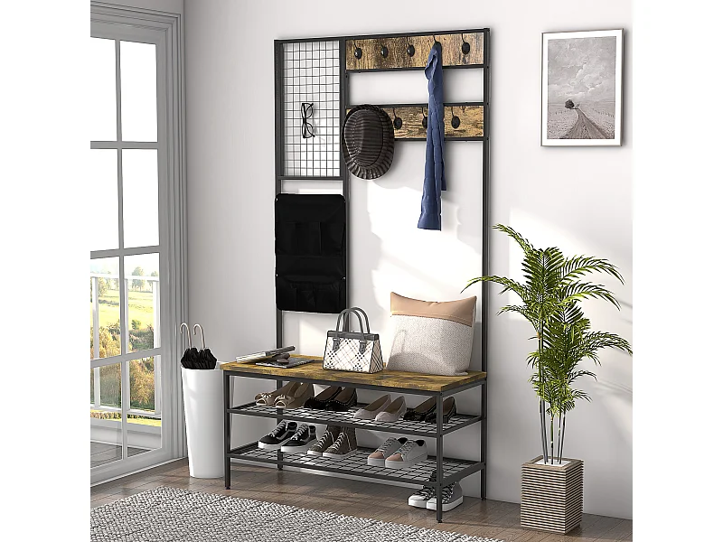 Porte-manteau industriel 9 crochets avec banc, mémo et range-chaussures, anti-bascule